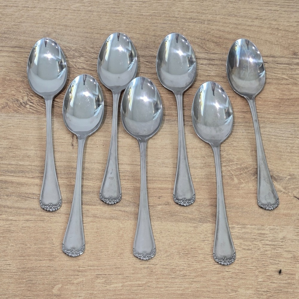 7 Pc Rogers Stanley Roberts ROSE TRIO‎ Teaspoons Stainless Flatware 6" Comb Ship